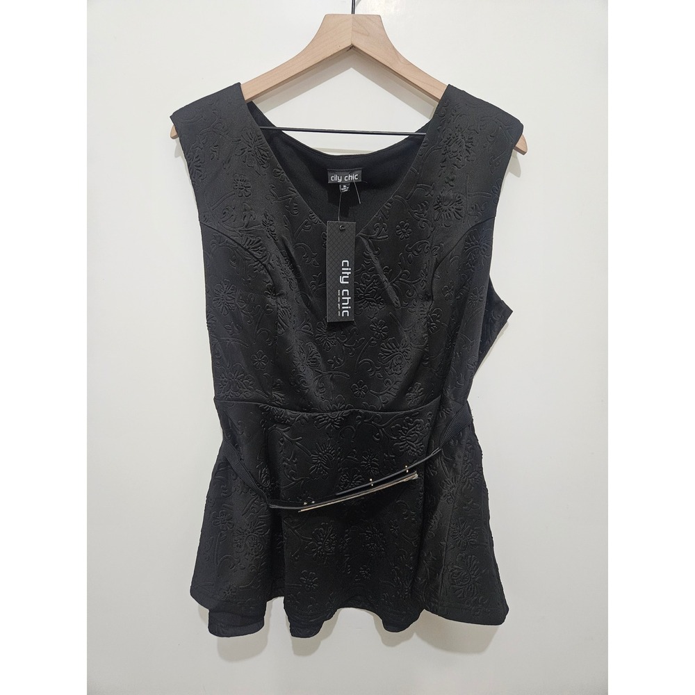 City Chic Black Embossed Floral‎ Peplum Top Belted V-Neck Sleeveless XL NWT